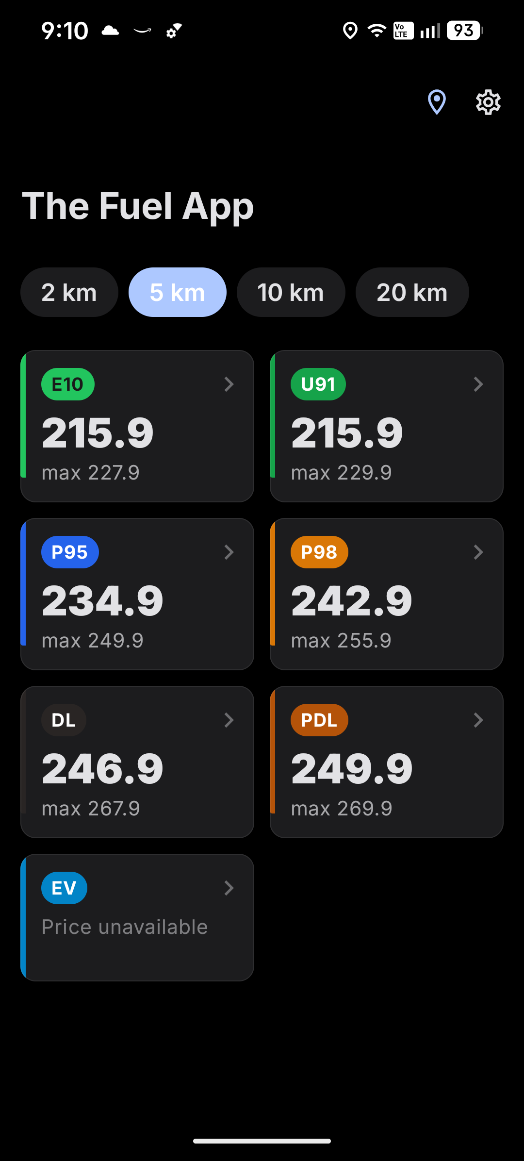 The Fuel App dashboard showing cheapest fuel prices near you