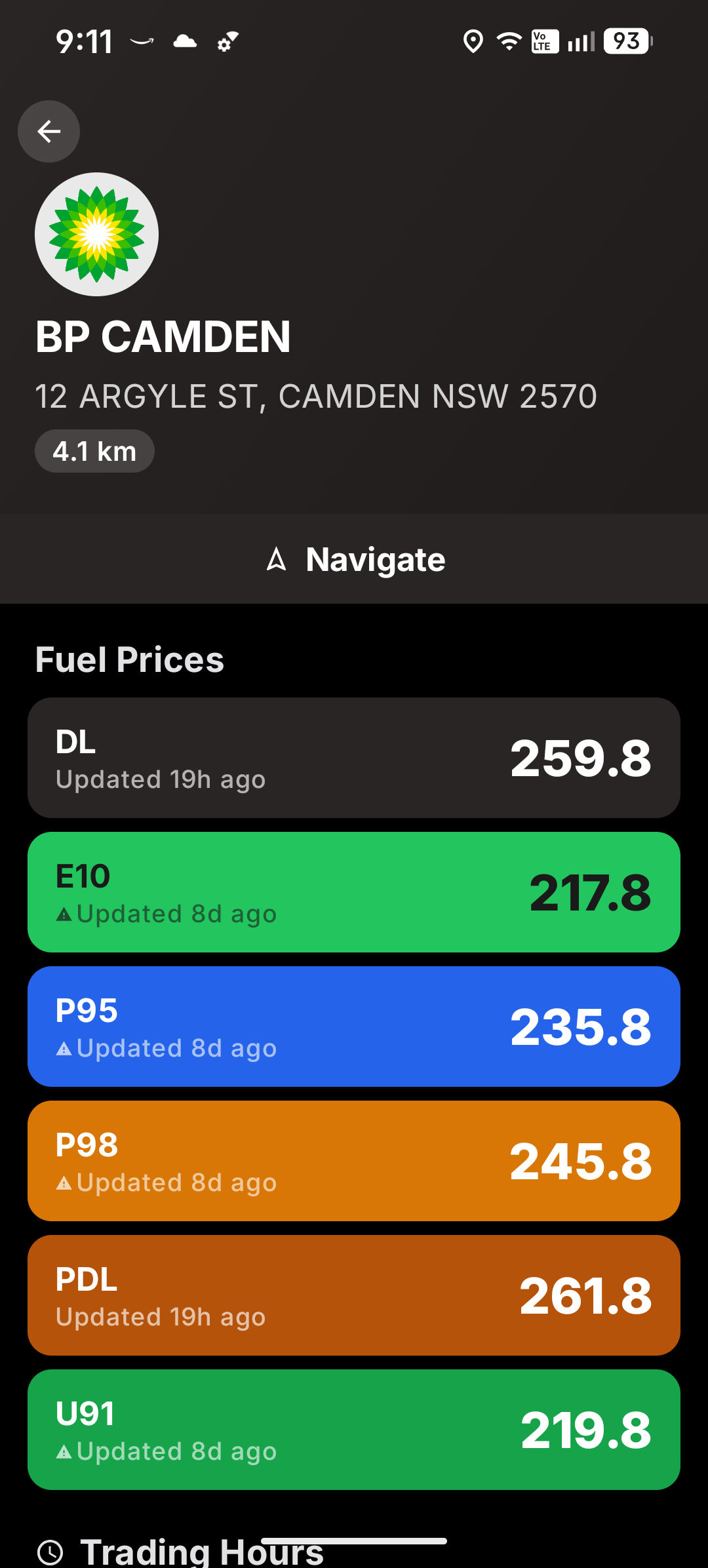 Station detail screen showing all fuel prices and trading hours