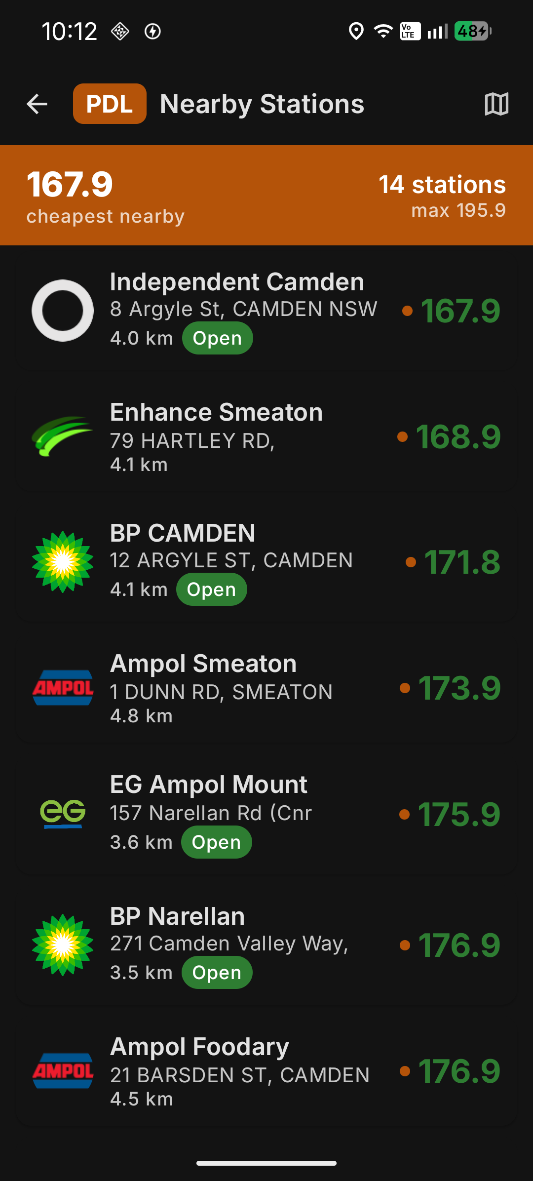 The Fuel App fuel type screen showing station list