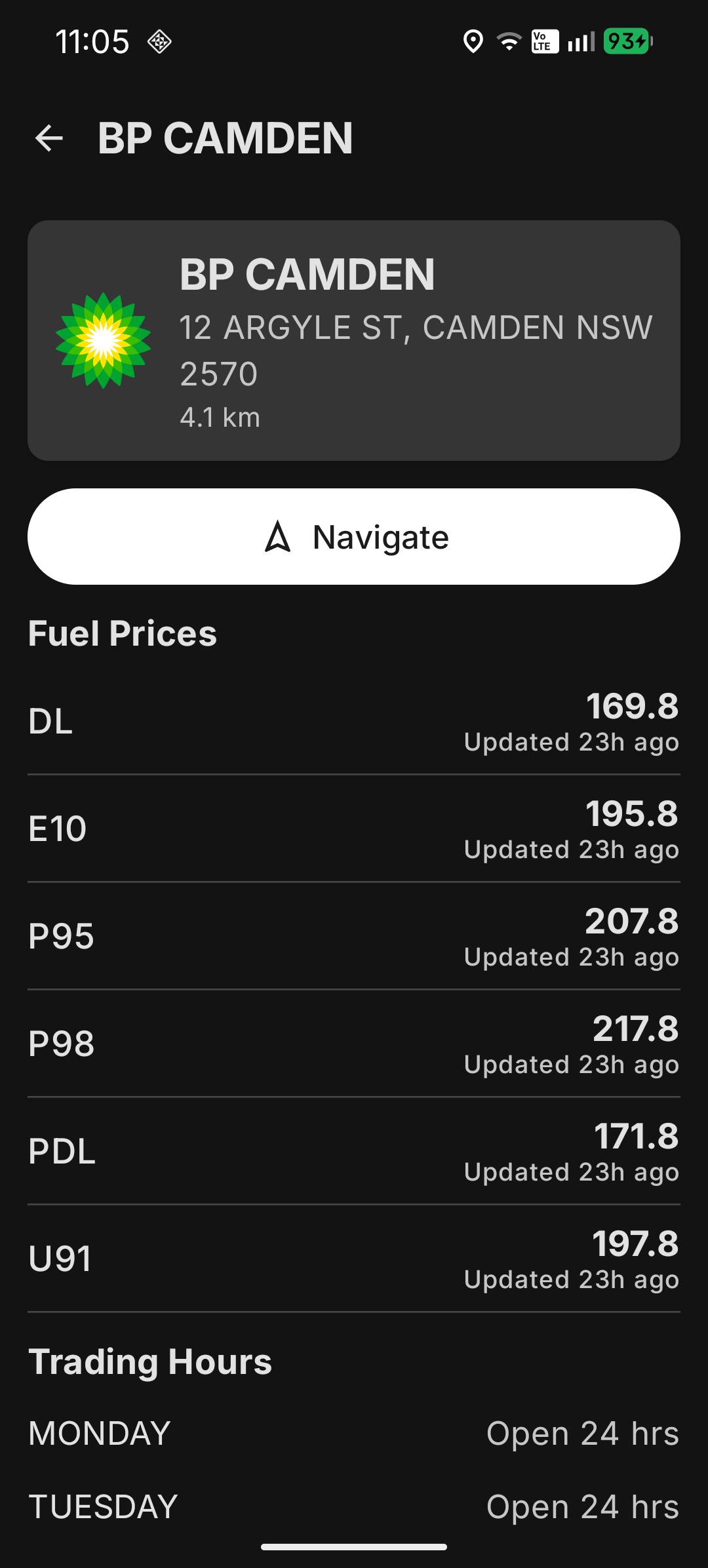 Map view showing nearby stations as branded pins with prices